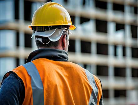 Construction concept. at back of the construction worker head which is wearing the safety helmet and checking work at the construction site